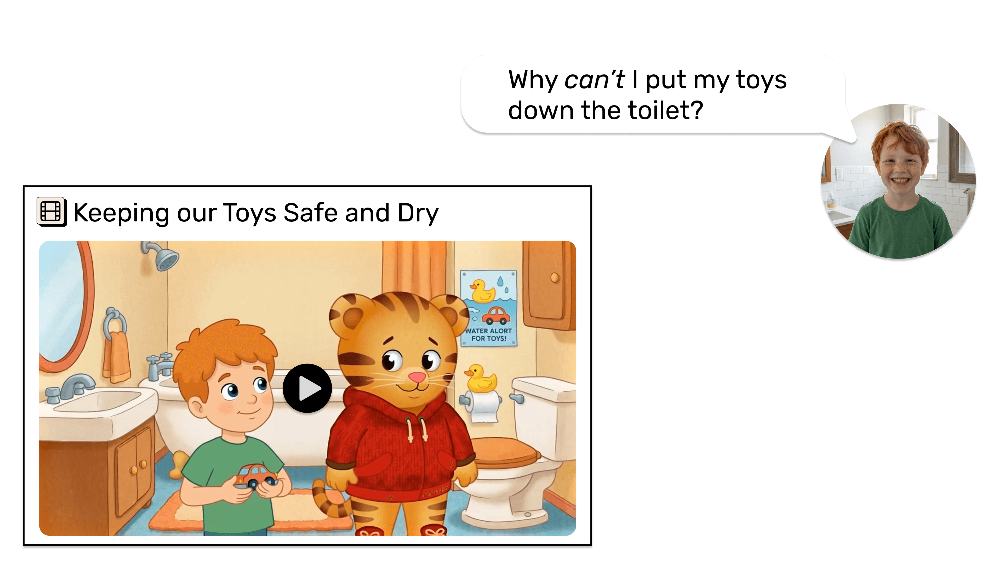 kid asking why he can't put toys down the toilet